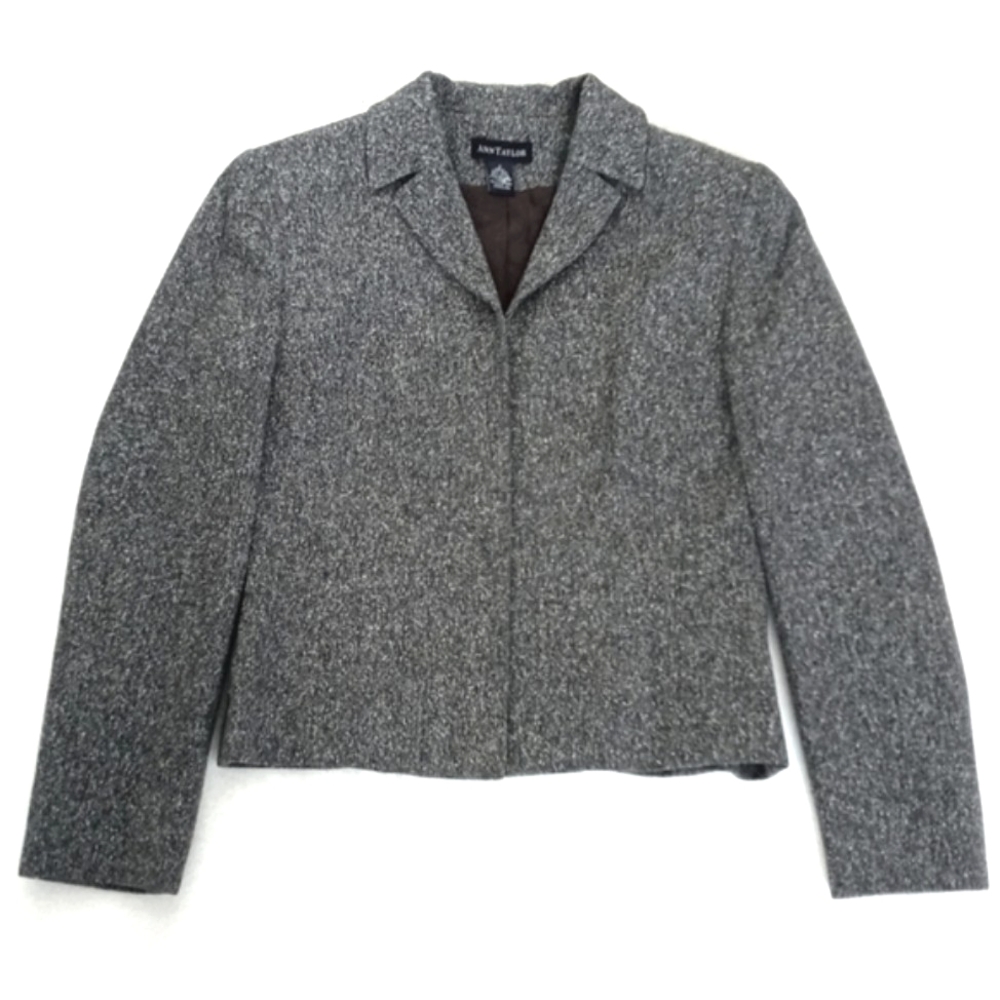 Ann Taylor Silk Wool Nylon Blend Grey Tweed Long Sleeve Zip Up Blazer 2